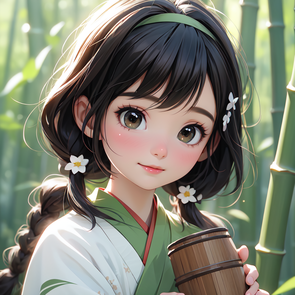 00654-2255007379-BFcutegirl,1girl,brown eyes,bust,black hair,hanfu,hair band,hair ornaments,white,green,bamboo forest,holding a bamboo cup,drink.png